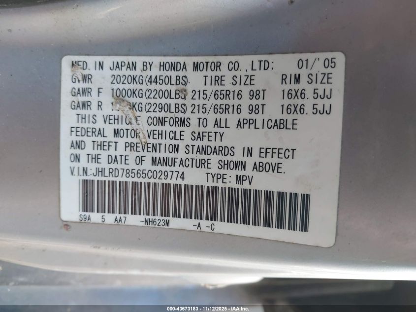 2005 Honda Cr-V Lx VIN: JHLRD78565C029774 Lot: 43673183