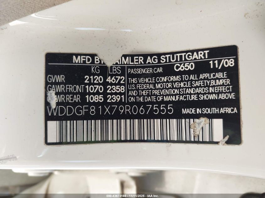 2009 Mercedes-Benz C 300 Luxury 4Matic/Sport 4Matic VIN: WDDGF81X79R067555 Lot: 43673185
