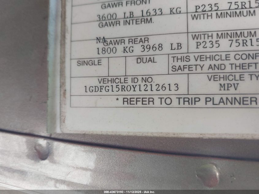 2000 GMC Savana Rv VIN: 1GDFG15R0Y1212613 Lot: 43673193