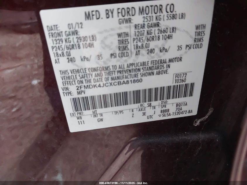 2012 Ford Edge Sel VIN: 2FMDK4JCXCBA81860 Lot: 43673196