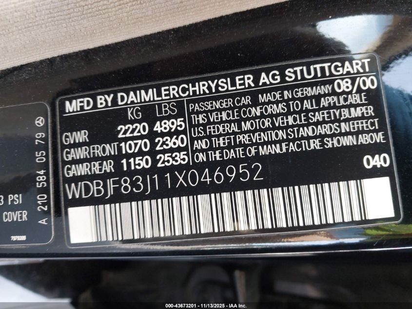 2001 Mercedes-Benz E 430 4M VIN: WDBJF83J11X046952 Lot: 43673201