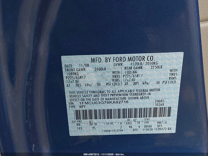 2009 Ford Escape Xlt VIN: 1FMCU03G79KA92716 Lot: 43673212