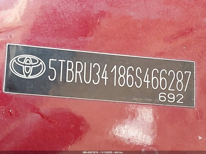 2006 Toyota Tundra Sr5 VIN: 5TBRU34186S466287 Lot: 43673215