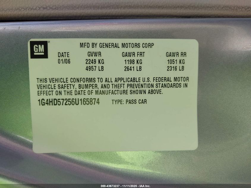 2006 Buick Lucerne Cxl VIN: 1G4HD57256U165874 Lot: 43673237