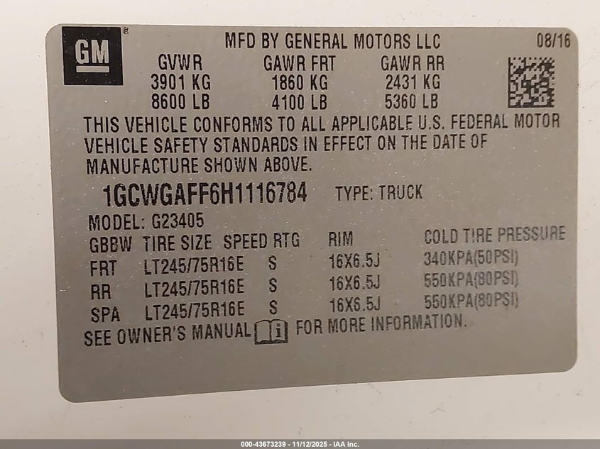 VIN 1GCWGAFF6H1116784 2017 CHEVROLET EXPRESS 2500 WORK VAN