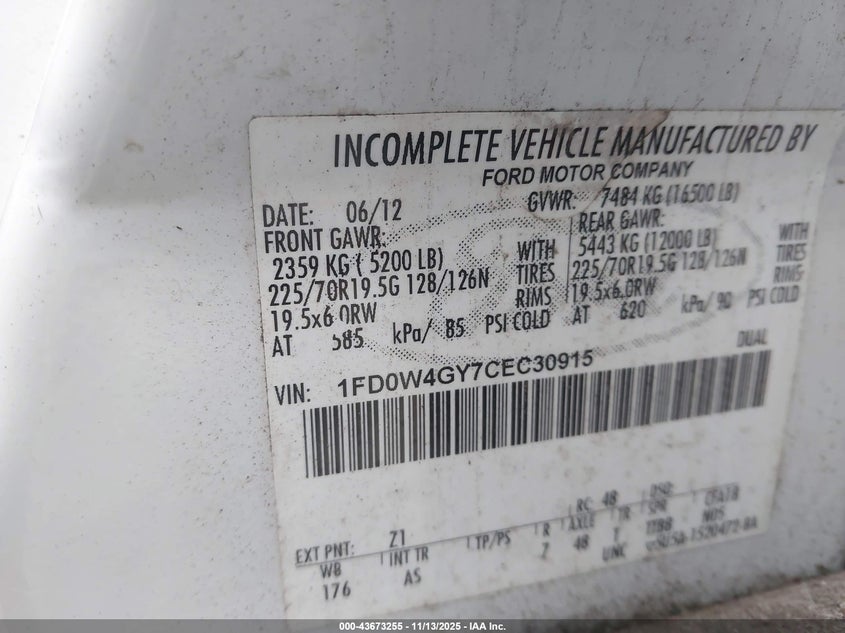 2012 Ford F-450 Chassis Xl VIN: 1FD0W4GY7CEC30915 Lot: 43673255