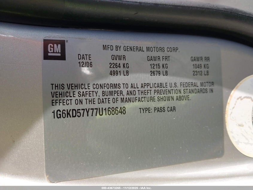 2007 Cadillac Dts V8 VIN: 1G6KD57Y77U168648 Lot: 43673265