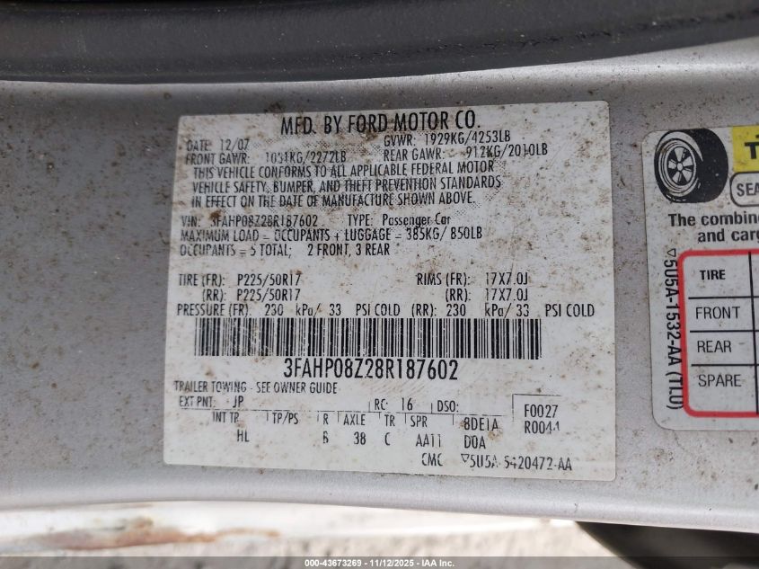 2008 Ford Fusion Sel VIN: 3FAHP08Z28R187602 Lot: 43673269