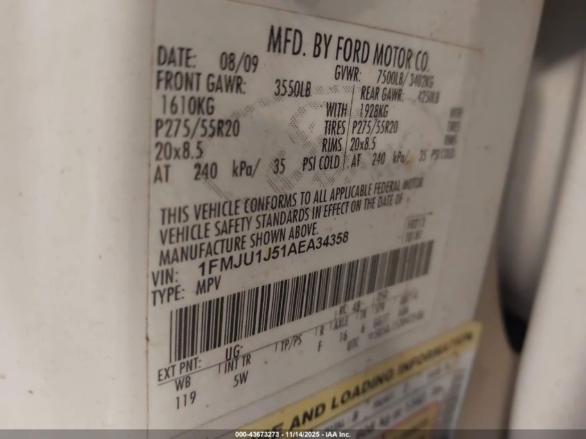 2010 Ford Expedition Eddie Bauer/King Ranch VIN: 1FMJU1J51AEA34358 Lot: 43673273