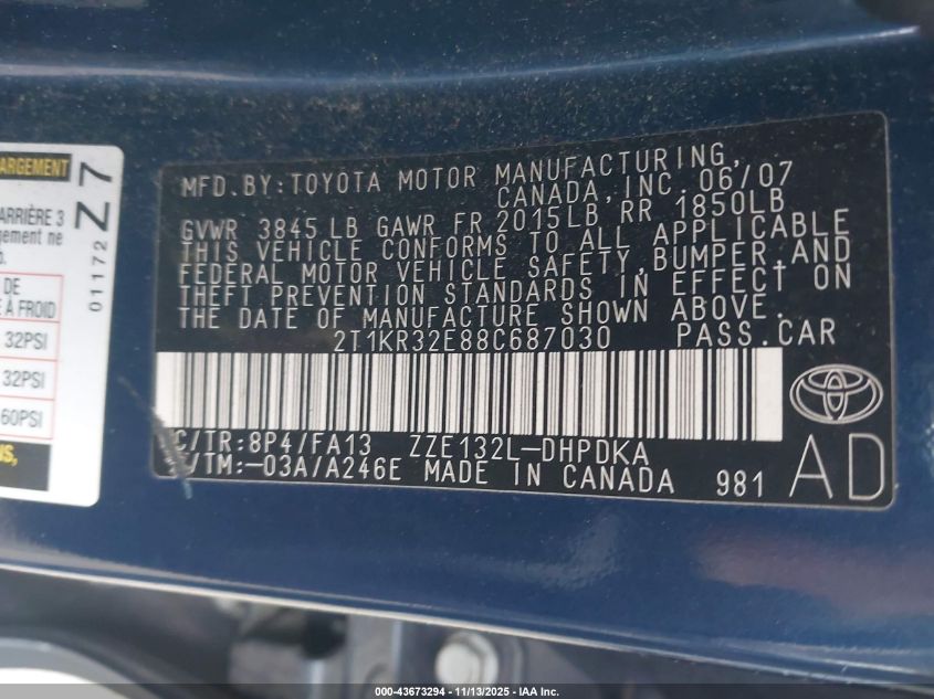 2008 Toyota Matrix VIN: 2T1KR32E88C687030 Lot: 43673294