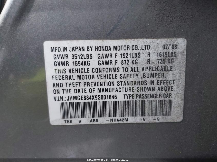 2009 Honda Fit Sport VIN: JHMGE884X9S001646 Lot: 43673297