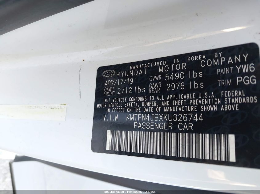 2019 Genesis G80 3.3T Sport VIN: KMTFN4JBXKU326744 Lot: 43673300