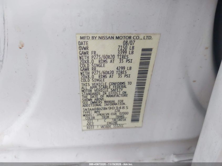 2008 Infiniti Qx56 VIN: 5N3AA08D28N903485 Lot: 43673320