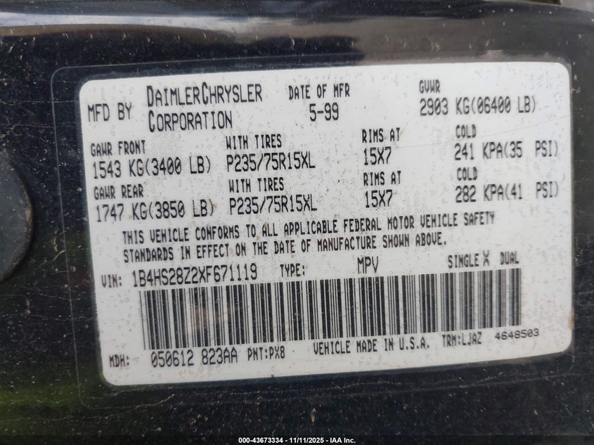 1999 Dodge Durango VIN: 1B4HS28Z2XF671119 Lot: 43673334