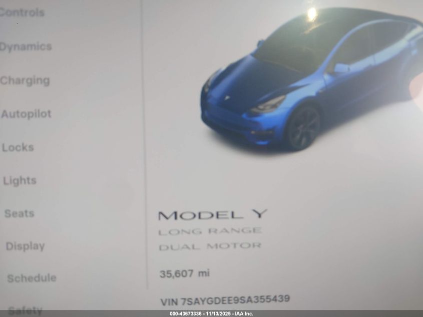 2025 Tesla Model Y Long Range Dual Motor All-Wheel Drive VIN: 7SAYGDEE9SA355439 Lot: 43673336