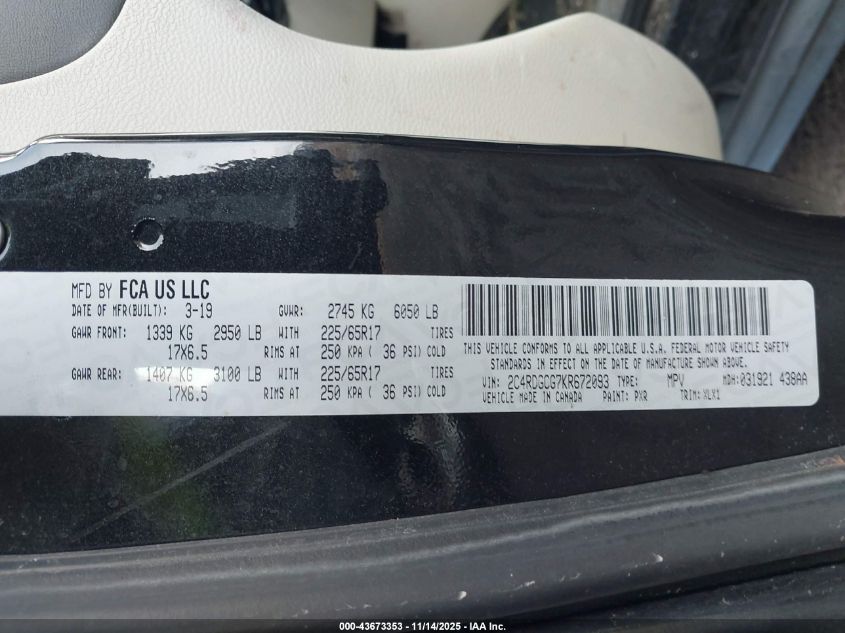 2019 Dodge Grand Caravan Sxt VIN: 2C4RDGCG7KR672093 Lot: 43673353