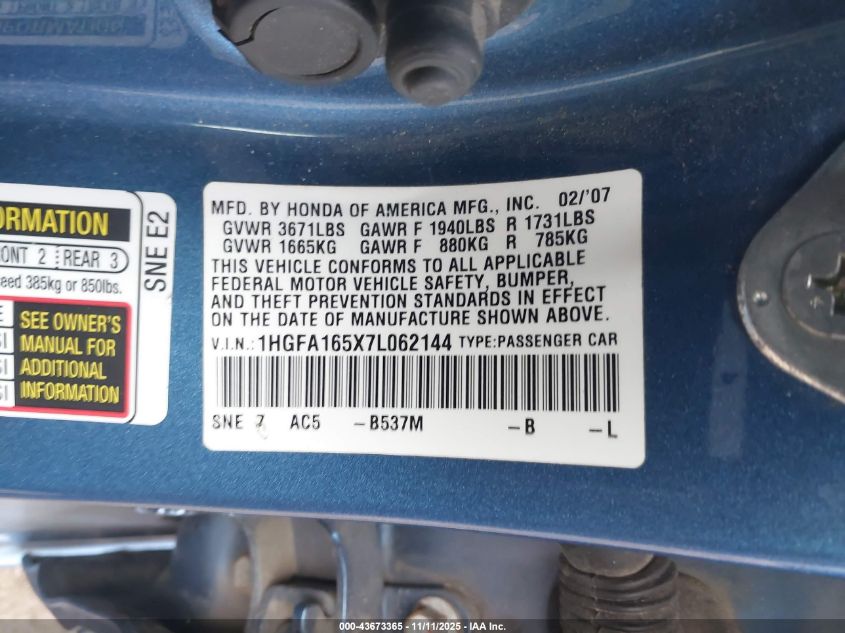 2007 Honda Civic Lx VIN: 1HGFA165X7L062144 Lot: 43673365