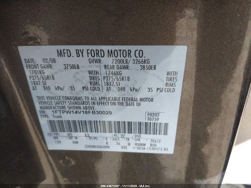 2008 Ford F-150 60Th Anniversary/Fx4/King Ranch/Lariat/Xlt VIN: 1FTPW14V18FB30029 Lot: 43673367