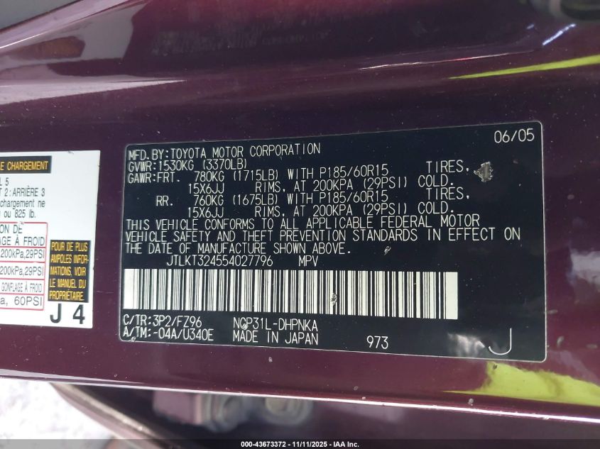 2005 Scion Xb VIN: JTLKT324554027796 Lot: 43673372