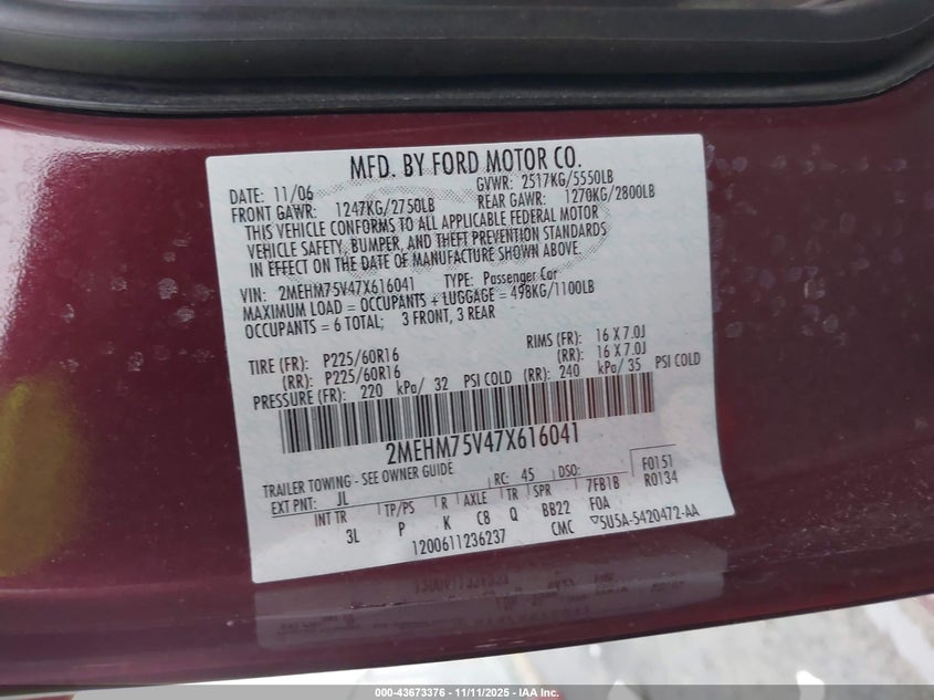 2007 Mercury Grand Marquis Ls VIN: 2MEHM75V47X616041 Lot: 43673376