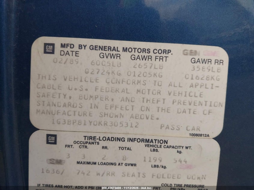 1G3BP81Y0KR305312 1989 OLDSMOBILE VISTA CRUISER photo no. 9