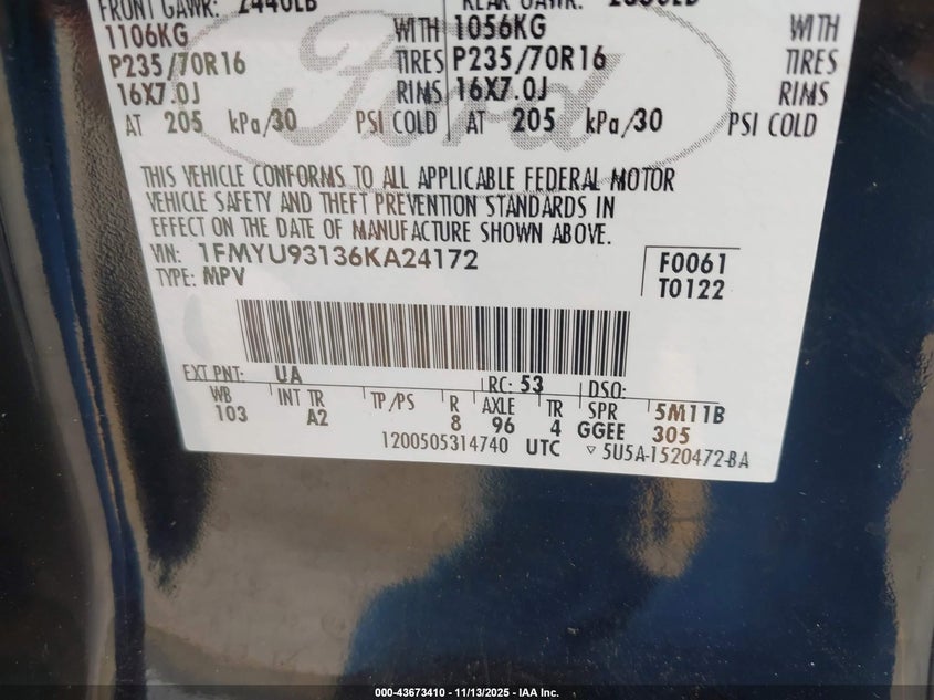 2006 Ford Escape Xlt/Xlt Sport VIN: 1FMYU93136KA24172 Lot: 43673410