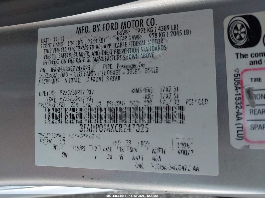 2012 Ford Fusion Sel VIN: 3FAHP0JAXCR247025 Lot: 43673413