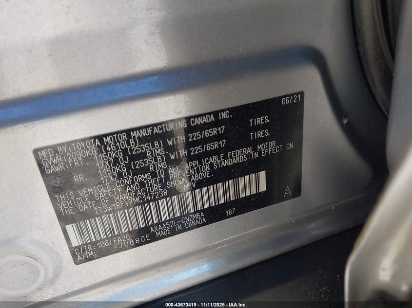 2021 TOYOTA RAV4 XLE 2T3W1RFV7MC147238