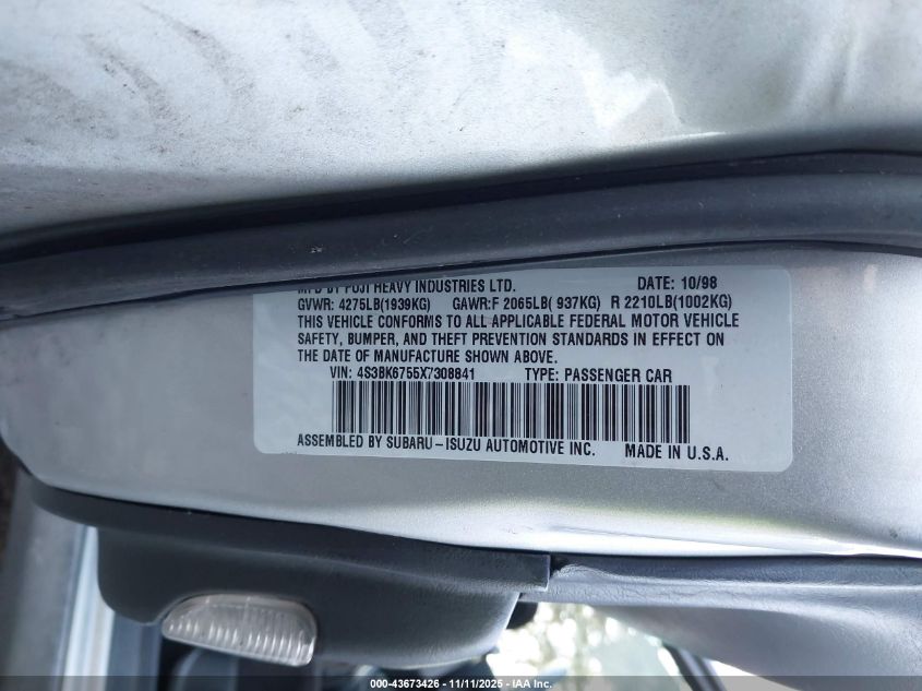1999 Subaru Legacy 2.5Gt VIN: 4S3BK6755X7308841 Lot: 43673426