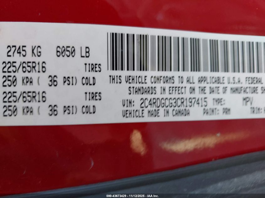 2012 Dodge Grand Caravan Sxt VIN: 2C4RDGCG3CR197415 Lot: 43673429