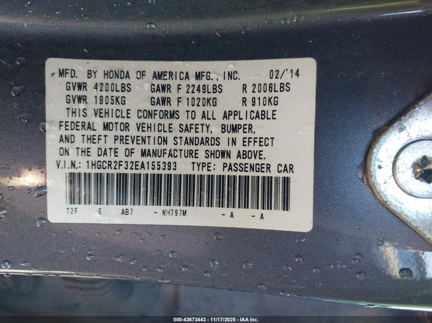 1HGCR2F32EA155393 2014 HONDA ACCORD photo no. 9