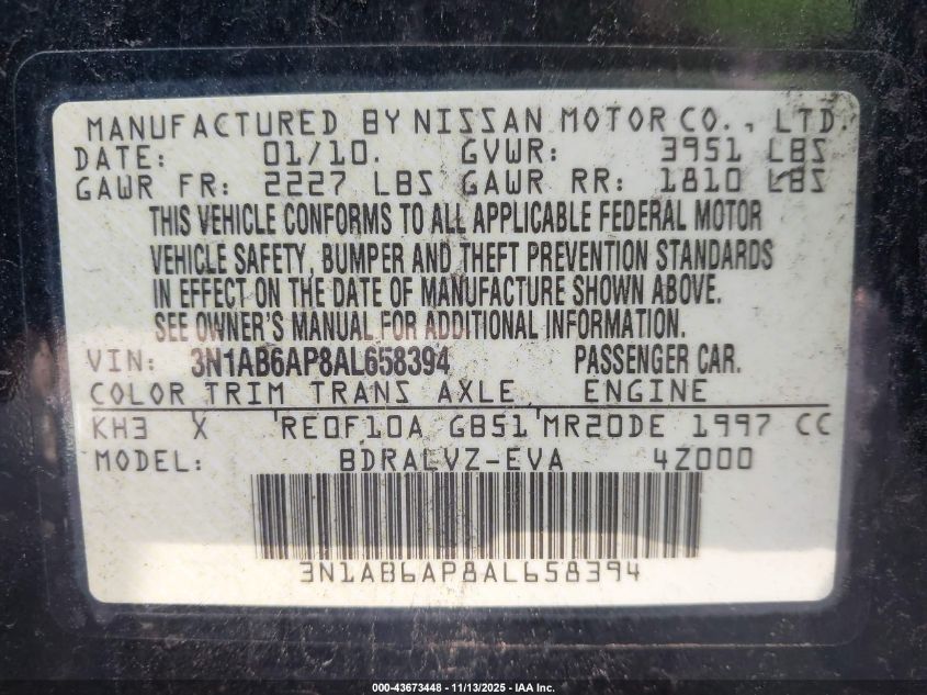 2010 Nissan Sentra 2.0Sl VIN: 3N1AB6AP8AL658394 Lot: 43673448