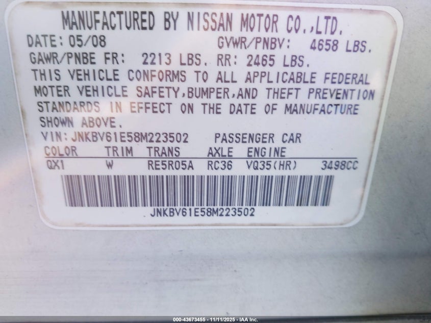 2008 Infiniti G35 Journey VIN: JNKBV61E58M223502 Lot: 43673455