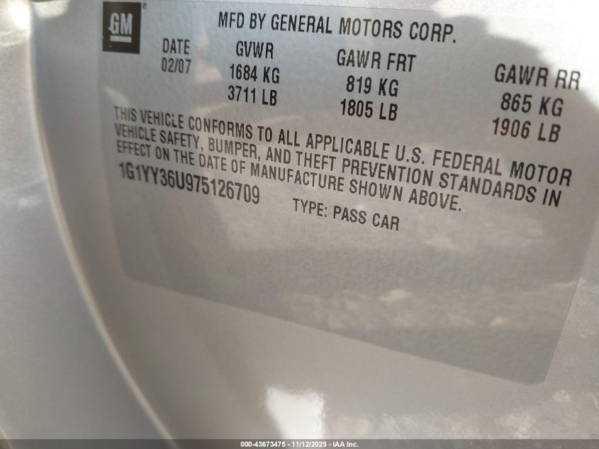 2007 Chevrolet Corvette VIN: 1G1YY36U975126709 Lot: 43673475