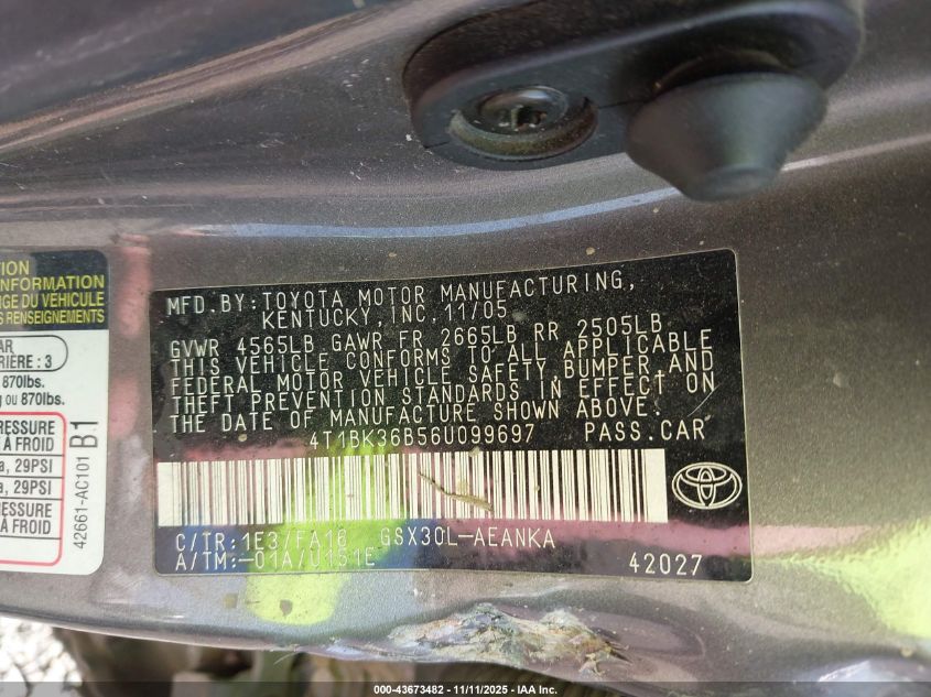 2006 Toyota Avalon Xl VIN: 4T1BK36B56U099697 Lot: 43673482