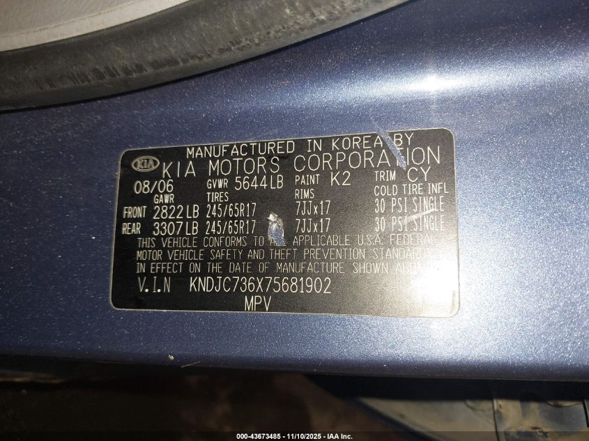 2007 Kia Sorento Lx VIN: KNDJC736X75681902 Lot: 43673485