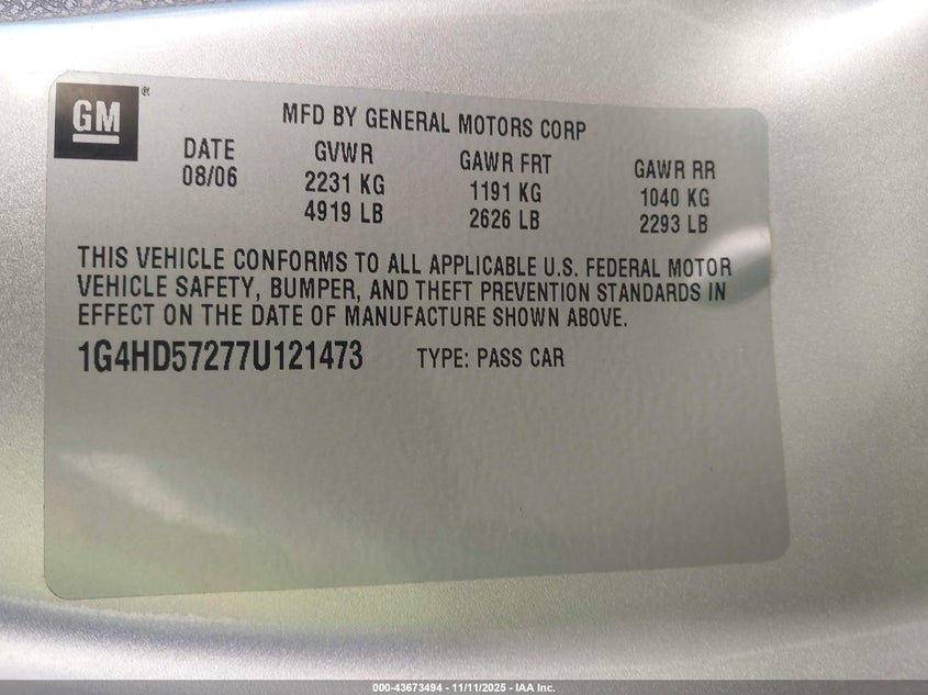 2007 Buick Lucerne Cxl VIN: 1G4HD57277U121473 Lot: 43673494