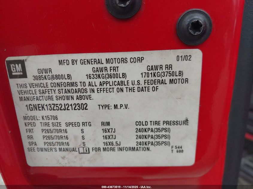 2002 Chevrolet Tahoe Ls VIN: 1GNEK13Z52J212302 Lot: 43673519