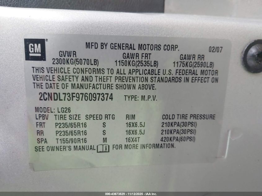 2007 Chevrolet Equinox Lt VIN: 2CNDL73F976097374 Lot: 43673529