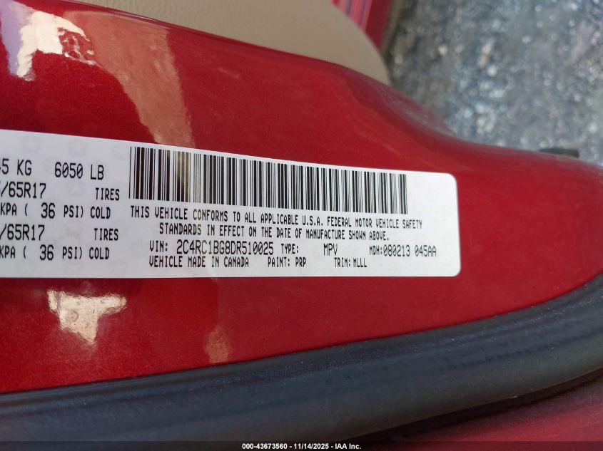 2013 Chrysler Town & Country Touring VIN: 2C4RC1BG8DR510025 Lot: 43673560