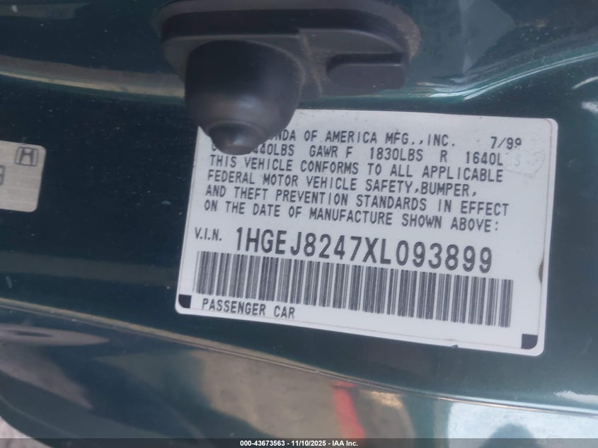 1999 Honda Civic Ex VIN: 1HGEJ8247XL093899 Lot: 43673563