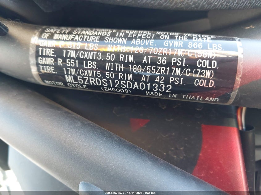 2025 Kawasaki Zr900 S VIN: ML5ZRDS12SDA01332 Lot: 43673577