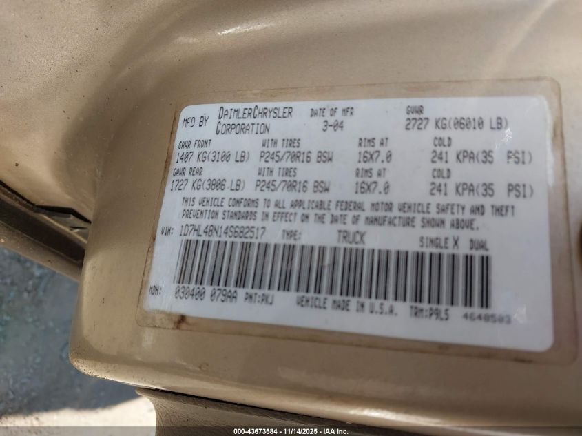 2004 Dodge Dakota Slt VIN: 1D7HL48N14S682517 Lot: 43673584