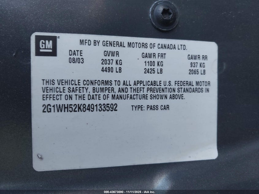 2004 Chevrolet Impala Ls VIN: 2G1WH52K849133592 Lot: 43673590