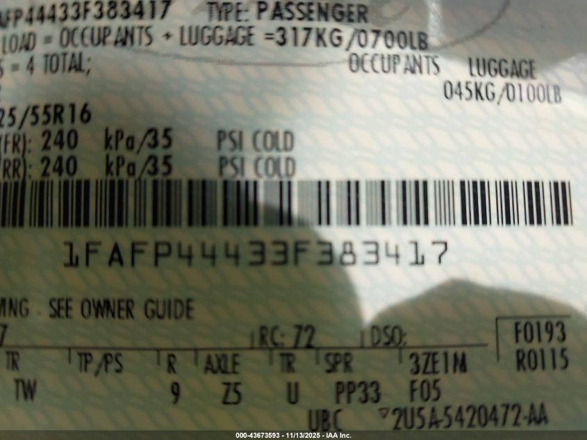 2003 Ford Mustang VIN: 1FAFP44433F383417 Lot: 43673593