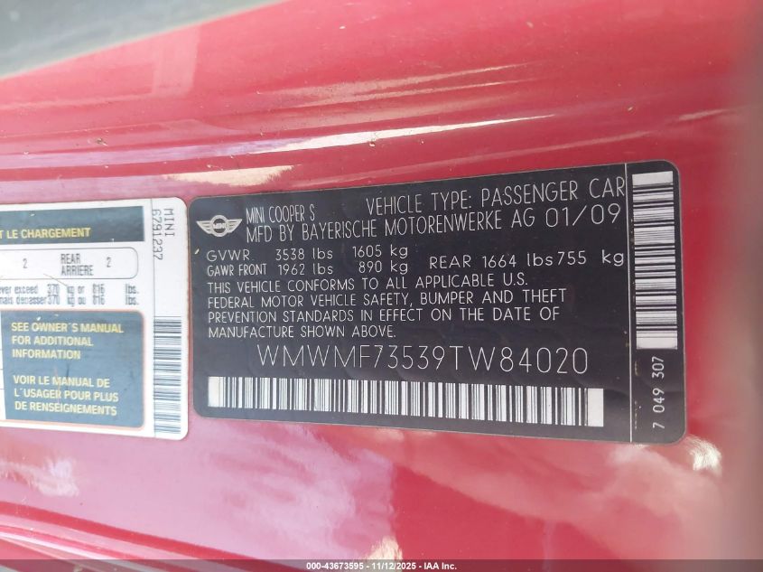 2009 Mini Cooper S VIN: WMWMF73539TW84020 Lot: 43673595
