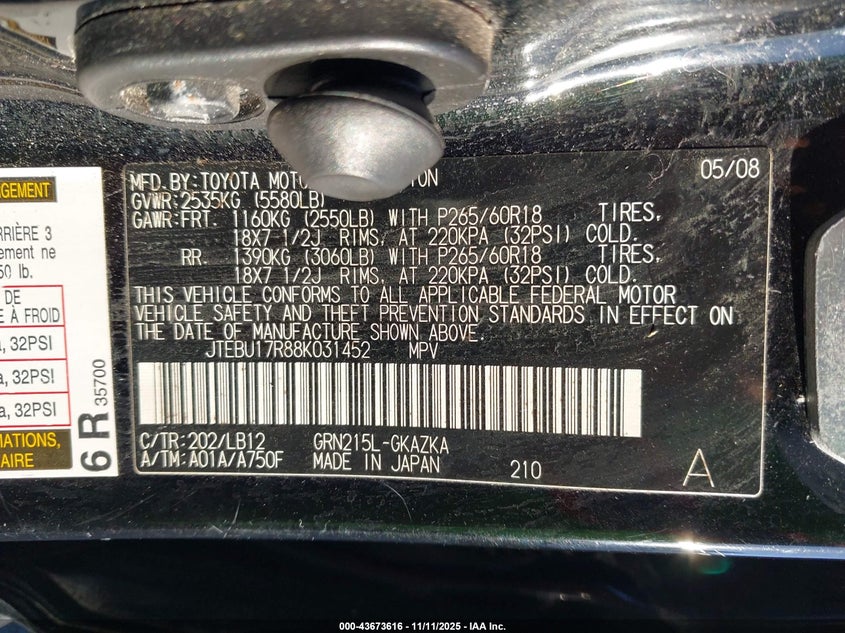 JTEBU17R88K031452 2008 TOYOTA 4RUNNER photo no. 9