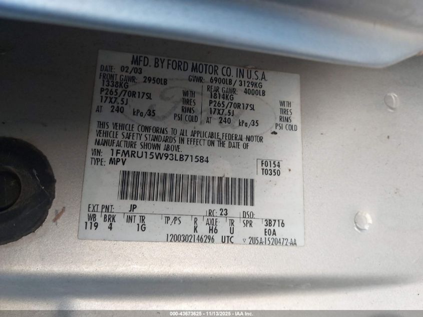 2003 Ford Expedition Xlt VIN: 1FMRU15W93LB71584 Lot: 43673625