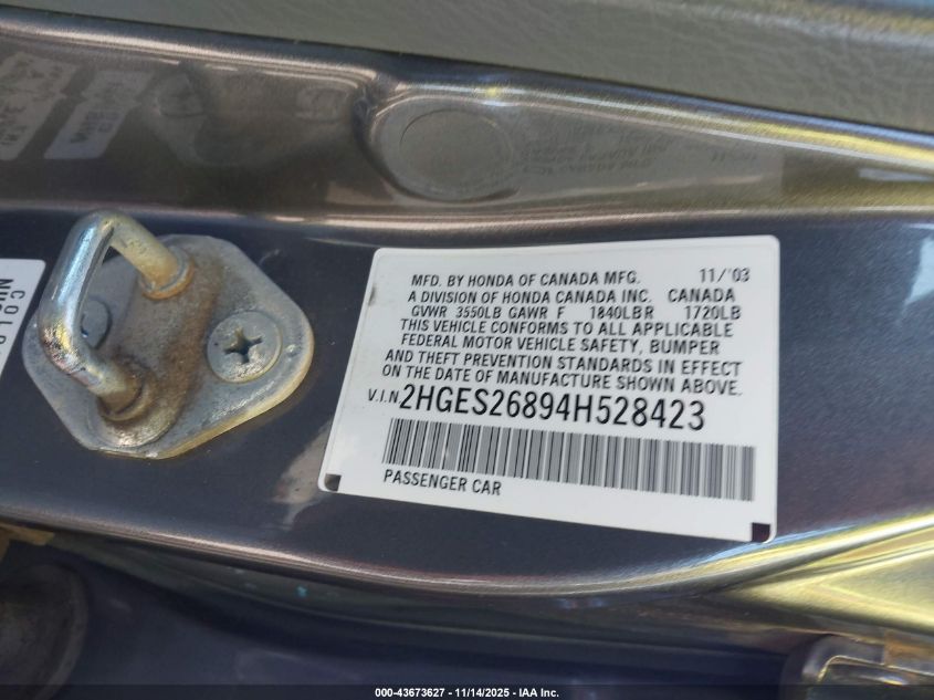 2004 Honda Civic Ex VIN: 2HGES26894H528423 Lot: 43673627