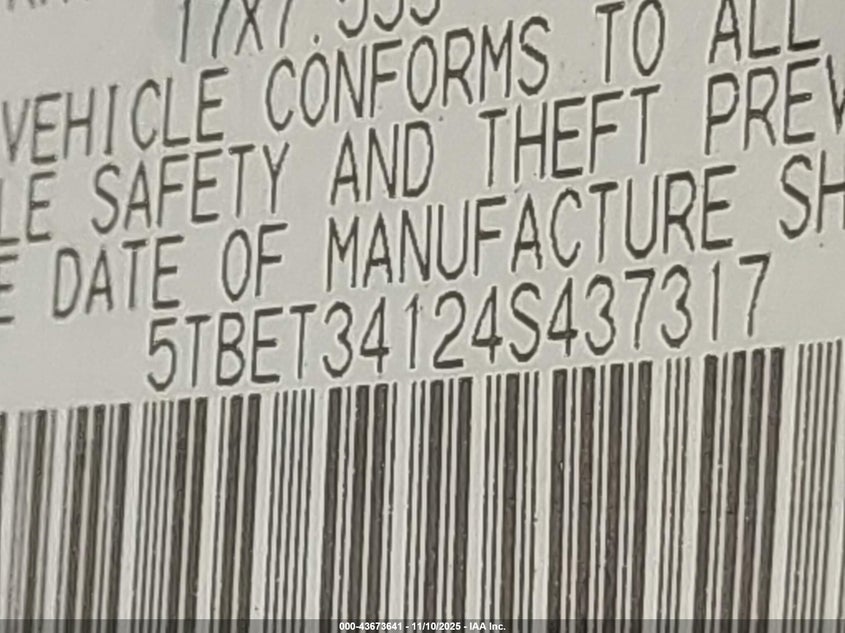 2004 Toyota Tundra Sr5 V8 VIN: 5TBET34124S437317 Lot: 43673641